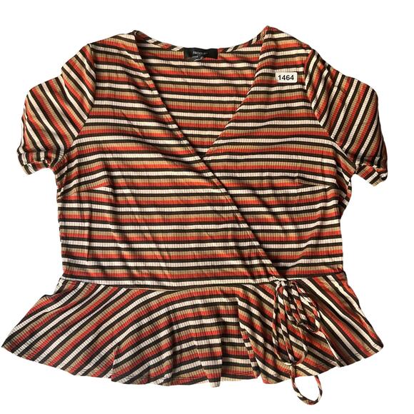 Forever 21 Women’s Short Sleeve V-neck Peplum Blouse size 3XL, Black Beige Red - Picture 1 of 8